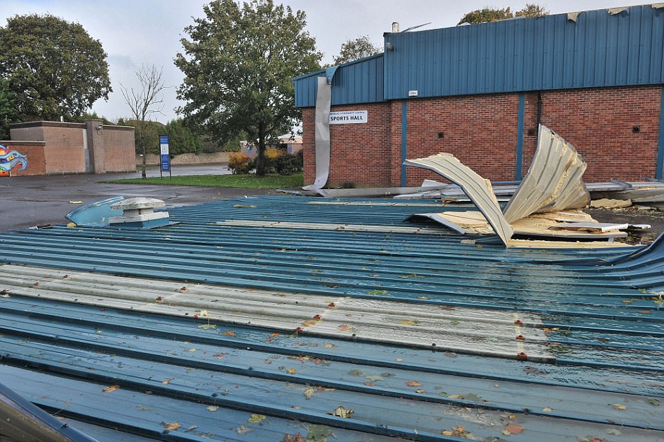 Douglas Community School's sports hall roof which was ripped off during Storm Ophelia in County Cork, Ireland
