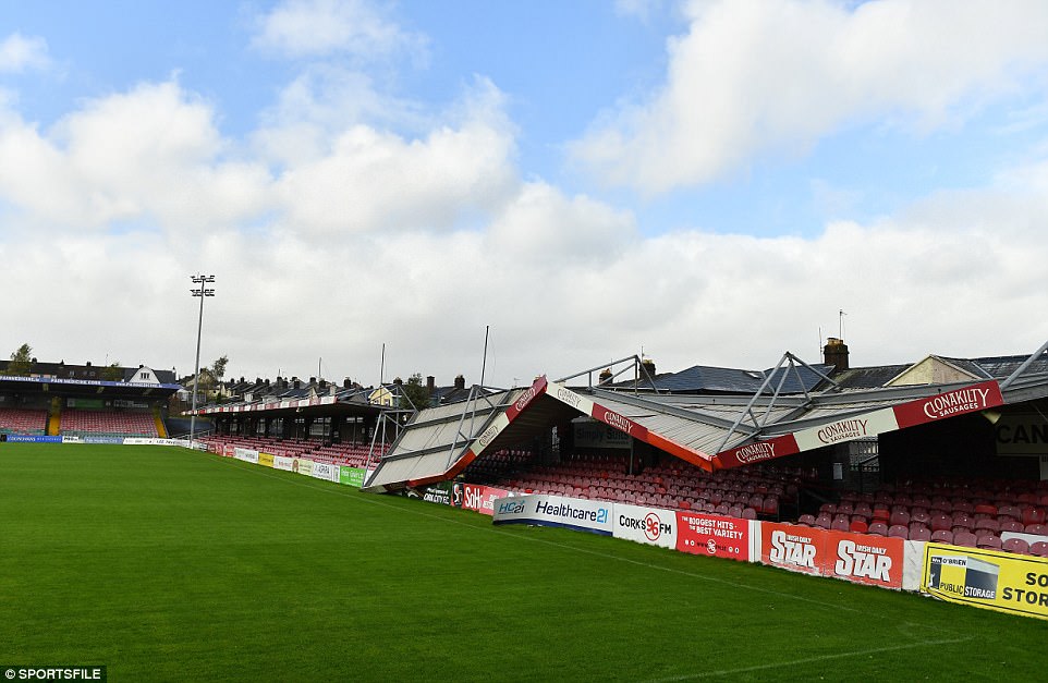 The storm came from Ireland, where high winds caused the Derrynane Stand at Turners Cross Stadium, home of Cork City Football Club, to collapse today