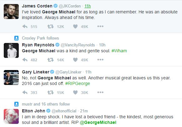 James cordon, Gary Lineker, Ryan Reynolds, Elton John paid tribute to his 'beloved friend' George Michael following his death aged 53