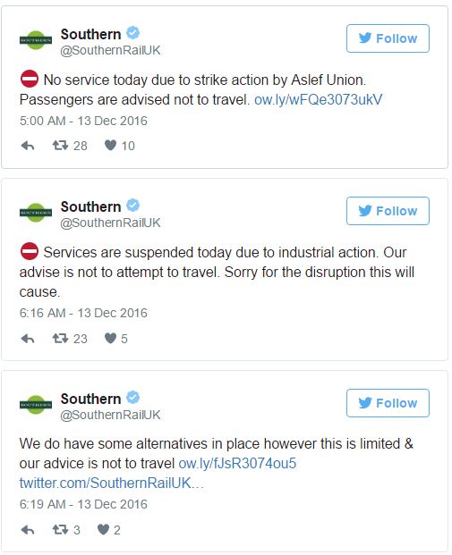 southern rail strike tweets no service