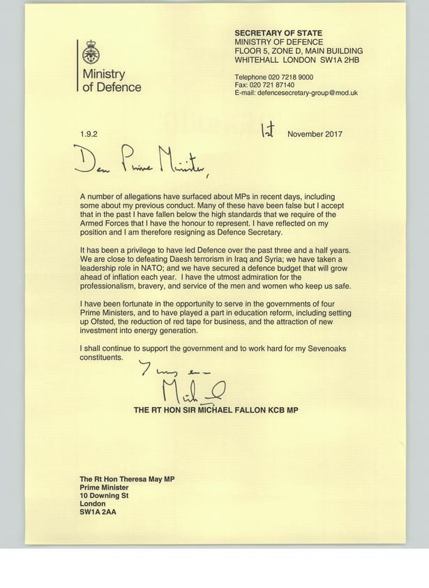 The Defence Secretary's letter to Prime Minister Theresa May