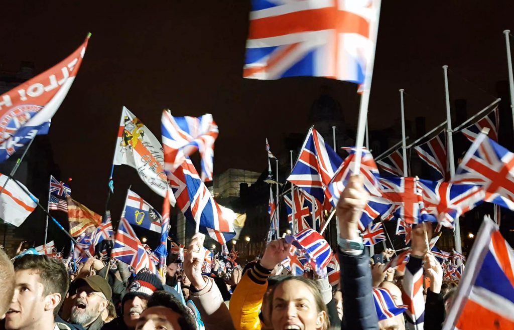 brexit crowds cheer flags party 31st january 2020