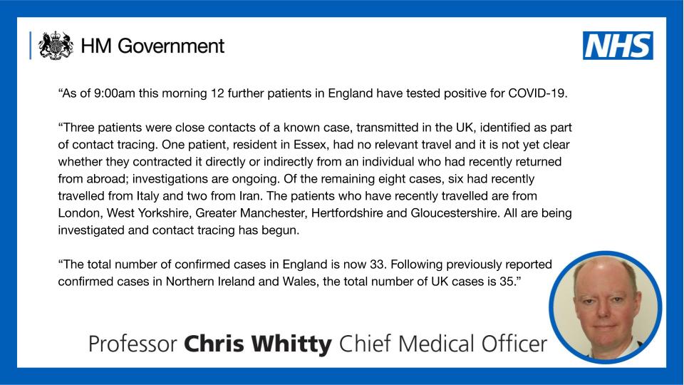 12 further patients in England have tested positive for COVID-19. 