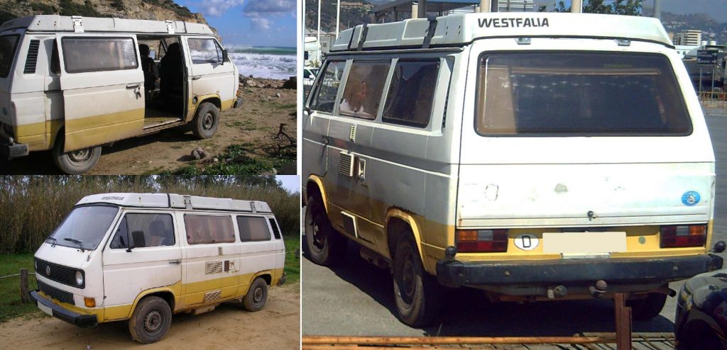 The first vehicle is a distinctive VW T3 Westfalia campervan. It is an early 1980s model, with two tone markings, a white upper body and a yellow skirting. It had a Portuguese registration plate.