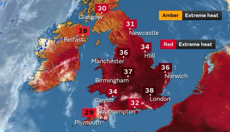 Met Office Red heat warning 40°C weather forecast in the UK