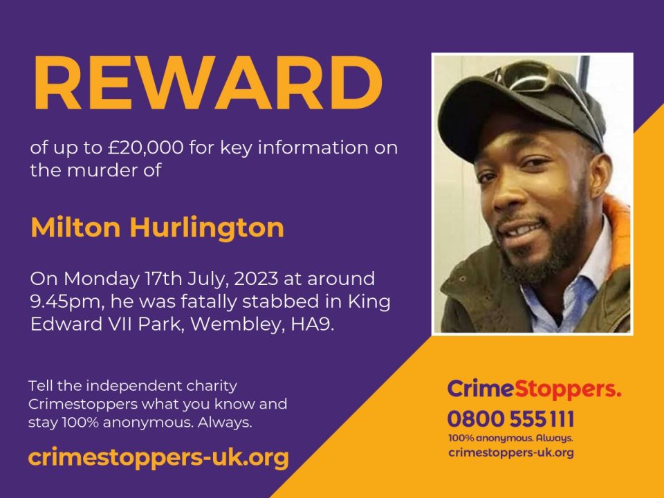 A £20,000 reward is being offered as Met Police Detectives investigating the murder of Milton Hurlington in Wembley have made a further arrest.