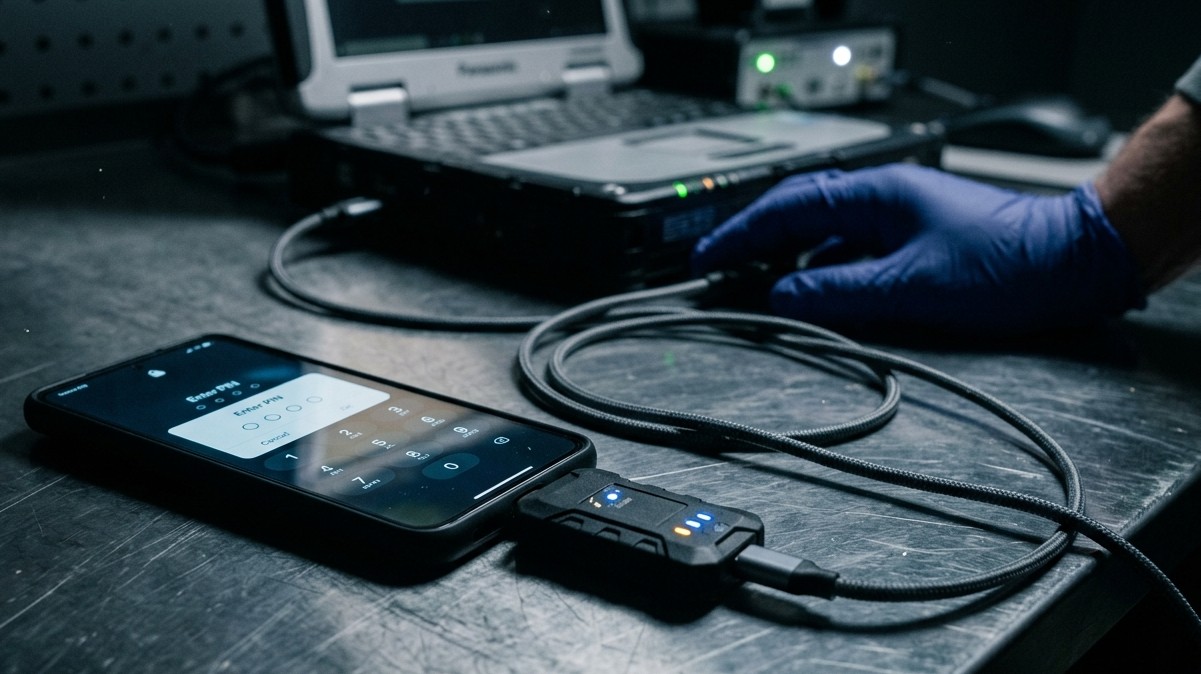 The Digital Strip Search: Why UK Police Forces Are Pouring Millions into Spyware Linked to Global Rights Abuses An investigative editorial photograph of a modern smartphone resting on a dark, metallic workbench. The phone's screen displays a glowing, locked digital interface featuring a prominent "Enter PIN" window with a 4-digit passcode prompt. Physically plugged into the phone's charging port is a sleek, black digital unlocker device with glowing blue and amber data-transfer lights, looking like a high-tech electronic tool prying into the device. Thick, braided diagnostic data cables snake from the phone to a blurred, rugged forensic computer terminal in the background. The scene is illuminated by dramatic, high-contrast neon blue and amber studio lighting, casting deep shadows to create a serious, high-stakes journalistic atmosphere. Photorealistic, 8k resolution, cinematic composition.